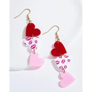 Heart Dangle Earrings Red Pink & Kiss Print Lightweight Acrylic 3.15" Drop Valen